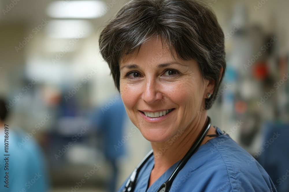 A dedicated nurse wearing scrubs and a stethoscope smiles confidently in a hospital setting, embodying compassion and professionalism in healthcare.