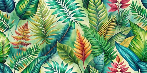 Tropical Watercolor Pattern Featuring Lush Fern Leaves for Vibrant and Refreshing Decor, Ideal for Fabric, Wallpaper, and Stationery Designs