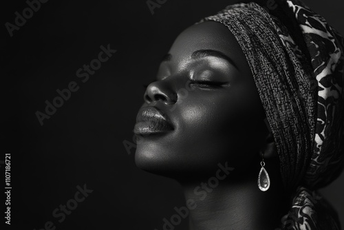 A stunning monochrome portrait of a woman with her eyes closed, conveying elegance and peace, accentuated by her serene expression and sophisticated backdrop.