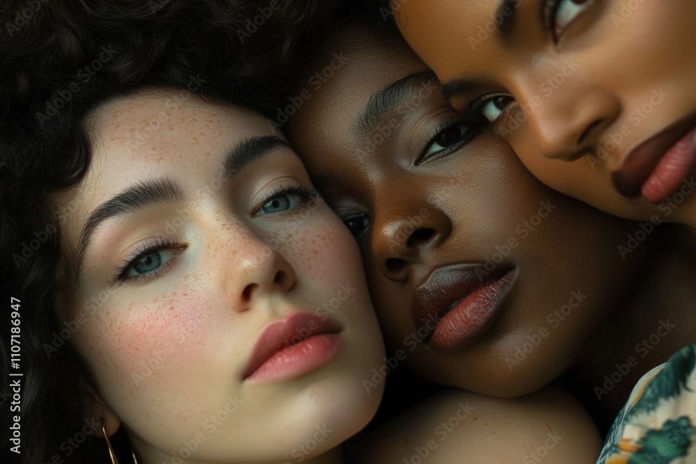 An intimate close-up of three diverse women showcasing their beauty together, emphasizing friendship, cultural diversity, and the shared experience of womanhood. An intimate close-up of three diverse women showcasing their beauty together, emphasizing friendship, cultural diversity, and the shared experience of womanhood.