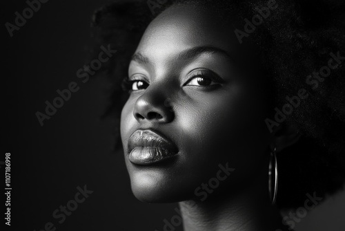 Capturing bold features, this striking black and white portrait of a woman emphasizes beauty and emotion, portraying strength and elegance through light and shadow contrasts.