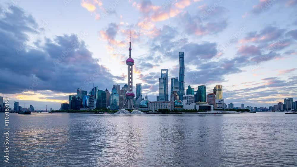 4K time lapse view of ferries on Huangpu river with Shanghai skyline background at sunrise 4K time lapse view of ferries on Huangpu river with Shanghai skyline background at sunrise