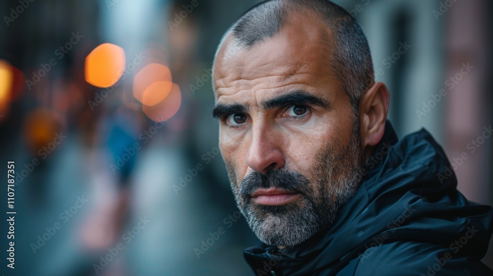 Fototapeta premium A middle-aged man with short brown hair dressed in a black jacket stands with arms crossed On a city Street surrounded by blurred buildings and cars in the background.