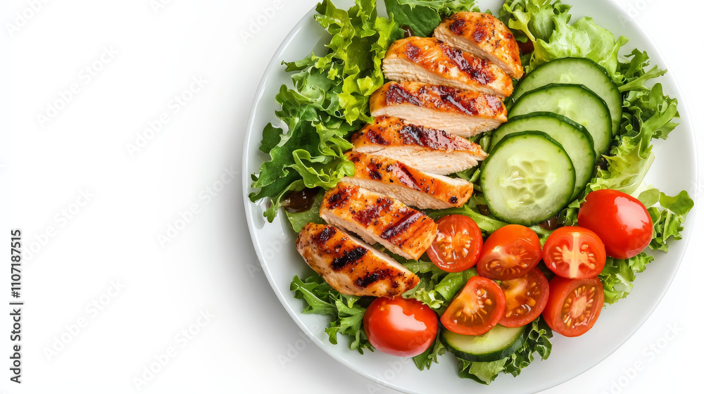 Grilled chicken salad with mixed greens, cucumber, and cherry tomatoes on white plate, offering light and refreshing meal option Grilled chicken salad with mixed greens, cucumber, and cherry tomatoes on white plate, offering light and refreshing meal option