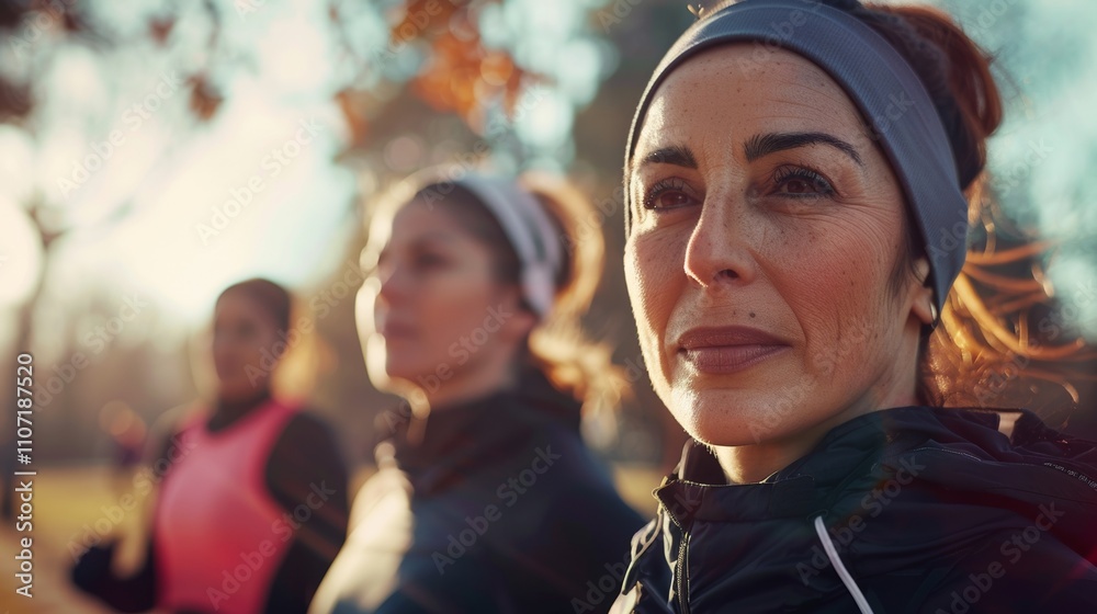 Obraz premium Three women in athletic gear pose for a photo in a park with the woman in the foreground smiling directly at the camera.