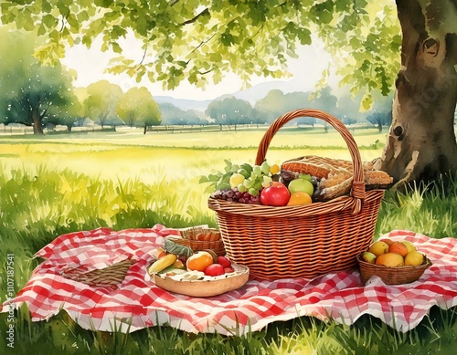 A watercolor picnic scene with a basket, fruits, and a checkered blanket under a tree.