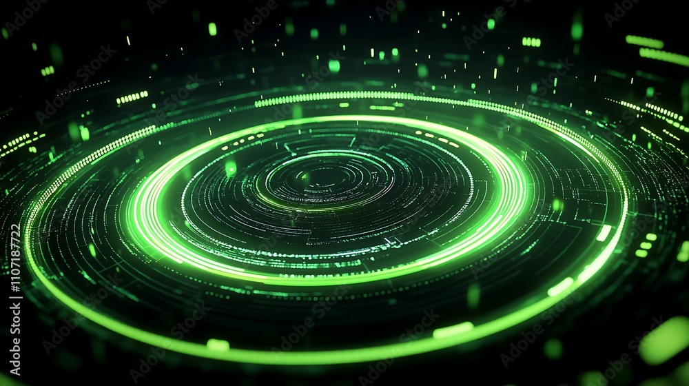 Abstract digital background with glowing green circles and particles for technology or science themes Abstract digital background with glowing green circles and particles for technology or science themes