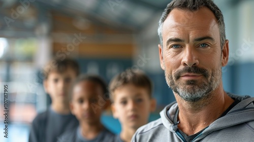 A middle-aged man with short gray hair sporting a beard and mustache stands in a school hallway wearing a gray hoodie with children in background.