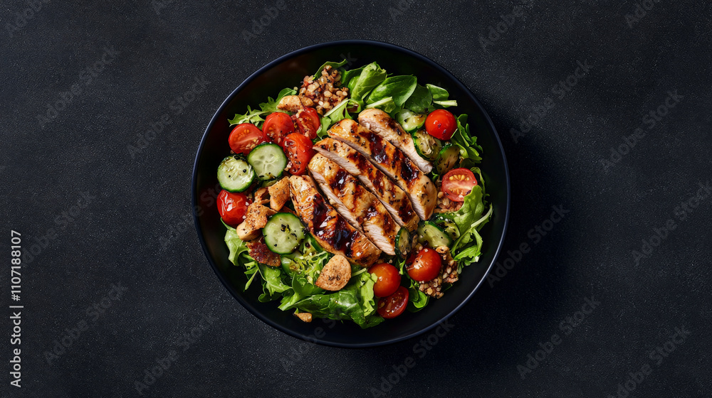 Grilled chicken salad with mixed greens, cherry tomatoes, cucumbers, and croutons in black bowl on dark background, creating visually stunning and appetizing dish Grilled chicken salad with mixed greens, cherry tomatoes, cucumbers, and croutons in black bowl on dark background, creating visually stunning and appetizing dish
