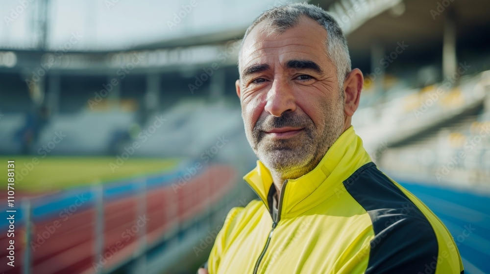 A middle-aged man standing in the stands of a sports stadium wearing a yellow and black jacket. H