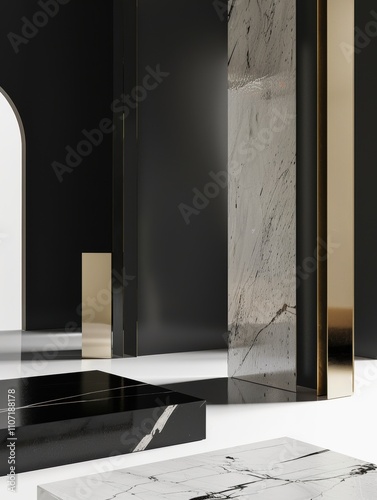 Modern Architectural Interior: Sleek black and white design with marble accents, ideal for contemporary styling and decor inspiration.