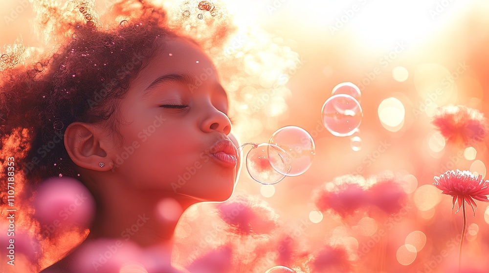 Fototapeta premium Young Girl Blowing Bubbles in a Dreamy Garden Setting