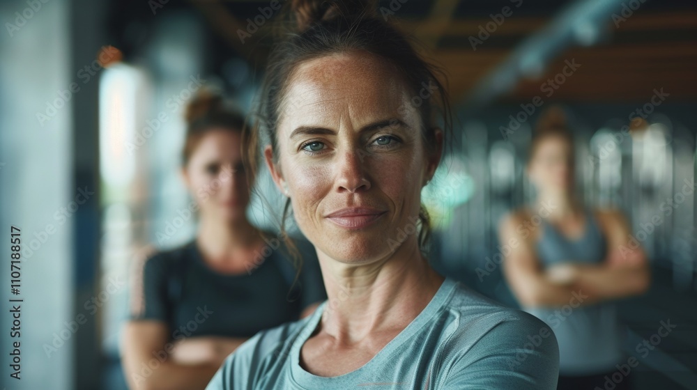 Obraz premium A woman in a gym setting captured in a close-up portrait with a subtle smile looking directly at the camera.