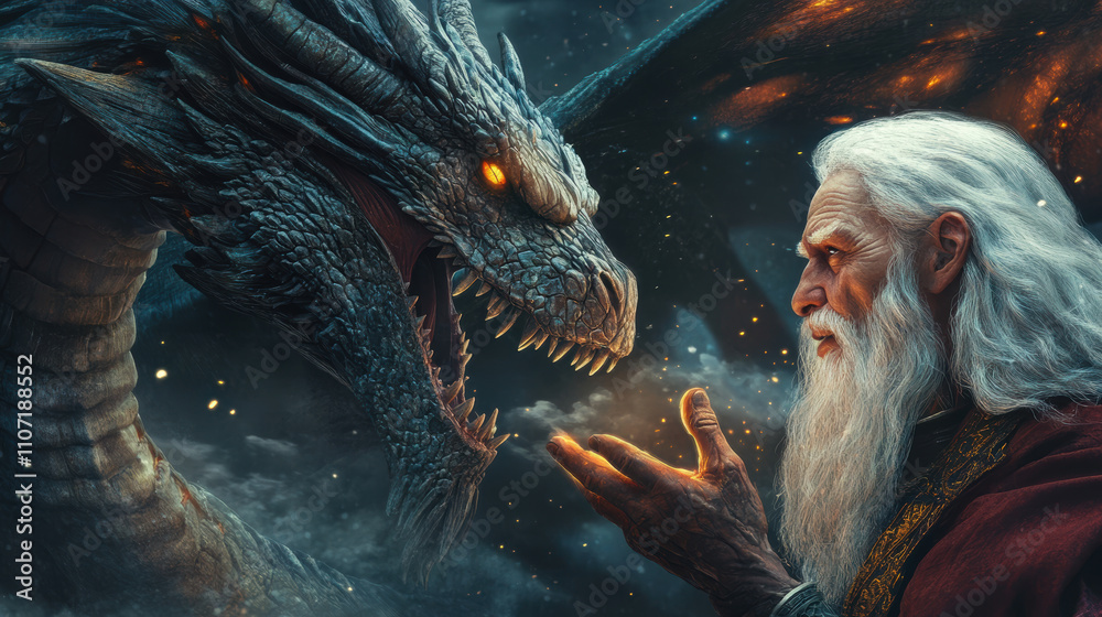 wise old sage interacts with majestic dragon, their eyes locked in moment of understanding and respect amidst mystical atmosphere wise old sage interacts with majestic dragon, their eyes locked in moment of understanding and respect amidst mystical atmosphere