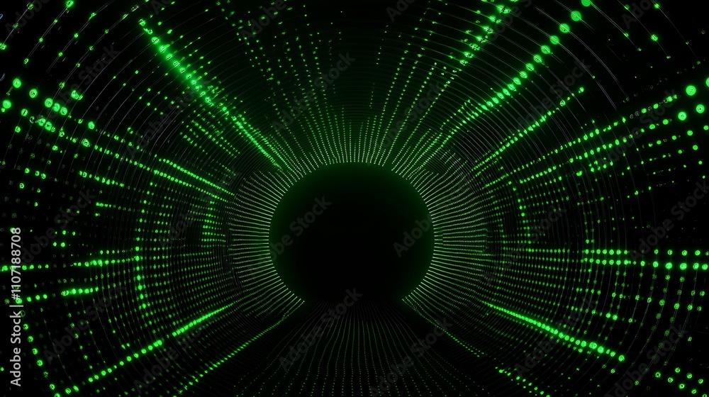 Abstract Digital Green Light Tunnel with Dynamic Particle Flow and Bright Neon Effects in Future Technology Abstract Digital Green Light Tunnel with Dynamic Particle Flow and Bright Neon Effects in Future Technology