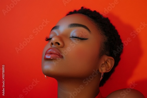 A stunning beauty portrait featuring a woman against a vibrant red background, embodying elegance and serenity through her graceful pose and minimalist style.