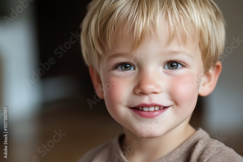 A delightful close-up portrait of a young boy with a cheerful smile, capturing the innocence and joy of childhood in a warm, inviting atmosphere.