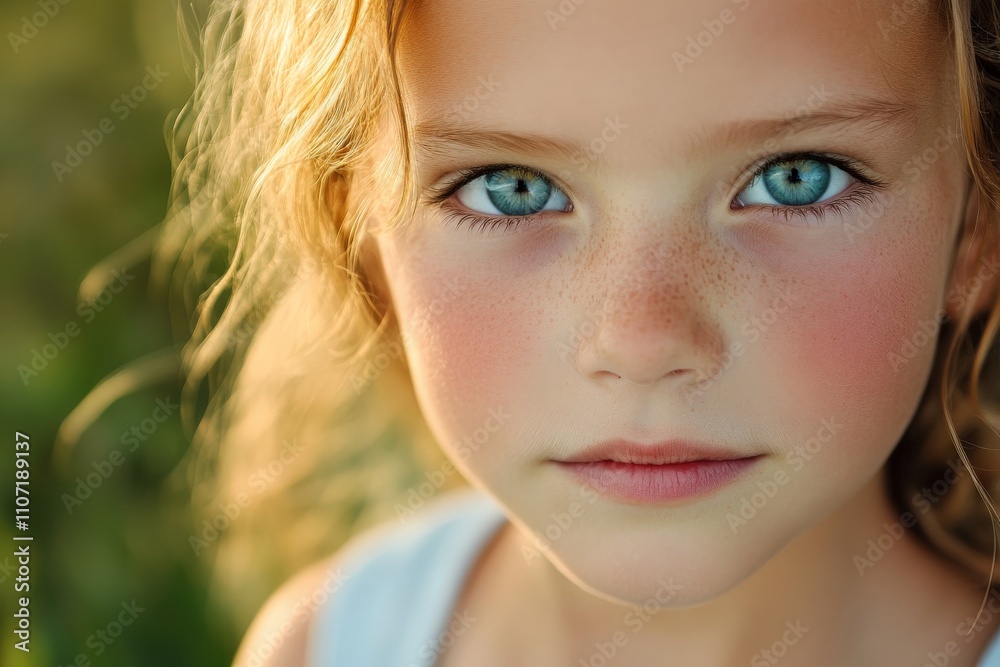 A charming portrait of a young girl showcasing her bright blue eyes and playful freckles, embodying innocence and joy in a delightful outdoor setting full of light. A charming portrait of a young girl showcasing her bright blue eyes and playful freckles, embodying innocence and joy in a delightful outdoor setting full of light.