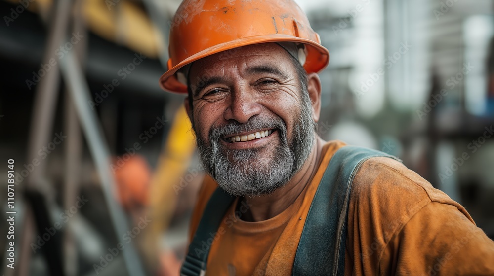 Smiling middle-aged male construction worker with a gray beard wearing an orange hard hat and safety vest at a building site background. Smiling middle-aged male construction worker with a gray beard wearing an orange hard hat and safety vest at a building site background.