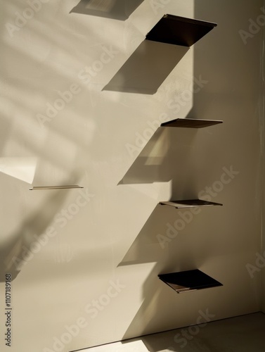 Minimalist Wall Shelves: Modern black shelves casting shadows on a white wall, ideal for interior design inspiration.
