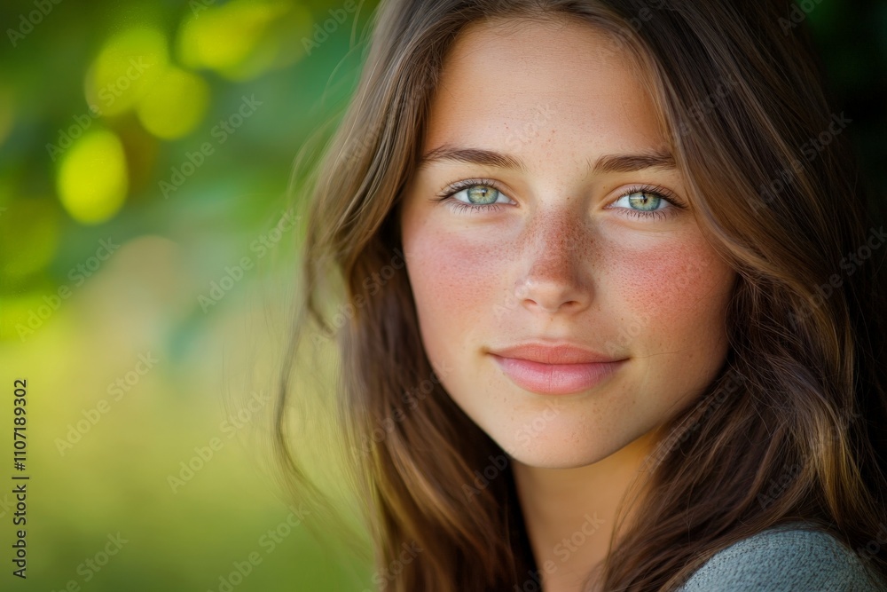 A natural portrait of a young woman with brown hair and freckles smiling brightly in a lush green setting, capturing the tranquil beauty of youth and connection with nature. A natural portrait of a young woman with brown hair and freckles smiling brightly in a lush green setting, capturing the tranquil beauty of youth and connection with nature.