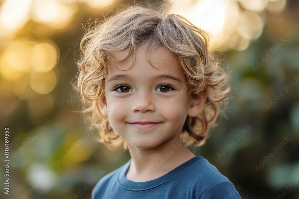 A joyful young boy with curly hair smiles charmingly, surrounded by a soft natural background that radiates warmth, innocence, and the carefree spirit of childhood. A joyful young boy with curly hair smiles charmingly, surrounded by a soft natural background that radiates warmth, innocence, and the carefree spirit of childhood.
