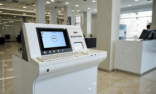 Modern Bank Kiosk: A sleek and contemporary bank kiosk, equipped with a touchscreen display and a keyboard, stands ready to provide efficient and convenient banking services. The kiosk.