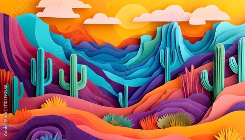 Abstract and multicolored desert landscaper in a paper cut style