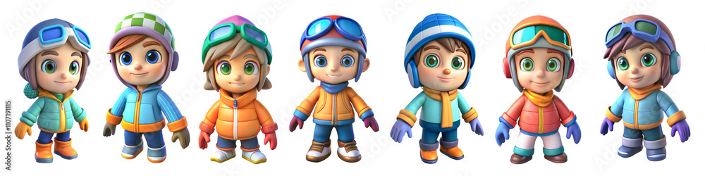 3D cut-out Cute Cartoon Set of Animated Kids. Children get ready for winter fun outside in Winter Sports clothes on white isolated transparent background PNG. 3D cut-out Cute Cartoon Set of Animated Kids. Children get ready for winter fun outside in Winter Sports clothes on white isolated transparent background PNG.