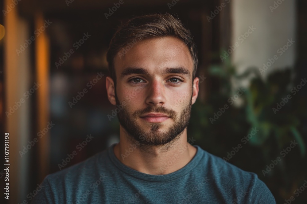 This handsome young man with a well-groomed beard and serious expression poses in a casual environment, showcasing a relaxed vibe and a touch of rugged charm. This handsome young man with a well-groomed beard and serious expression poses in a casual environment, showcasing a relaxed vibe and a touch of rugged charm.