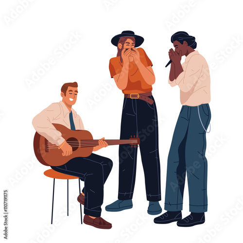 Blues band or artists vector poster. Isolated group of musicians performing music with concert instruments. Harmonica and acoustic guitar, vocalist entertainment. Stage melody and live sound. Ensemble