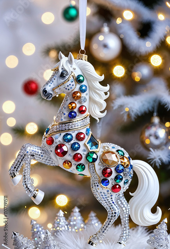 decorative white horse christmas bauble with diamonds