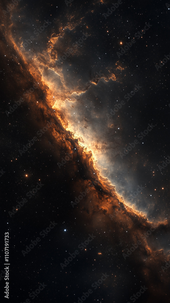 Fototapeta premium Amazing nebula in the shape of an orange and brown cloud, set against a dark background with stars. This cosmic scene conveys mystery and wonder at the vast beauty of the universe.