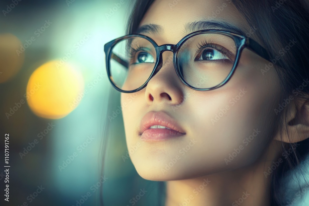 A stunning portrait of a young woman with glasses, gazing upwards thoughtfully, capturing a moment of introspection amid a softly illuminated background. A stunning portrait of a young woman with glasses, gazing upwards thoughtfully, capturing a moment of introspection amid a softly illuminated background.