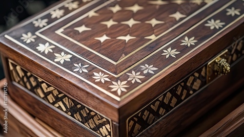 Ornate Wooden Box with Intricate Inlaid Designs