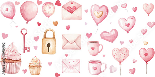 Set of cute Valentine's Day clip art elements on a white background.