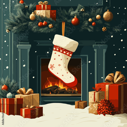 Vector Illustration of a Christmas Stocking Hanging by the Fireplace with Holiday Gifts

