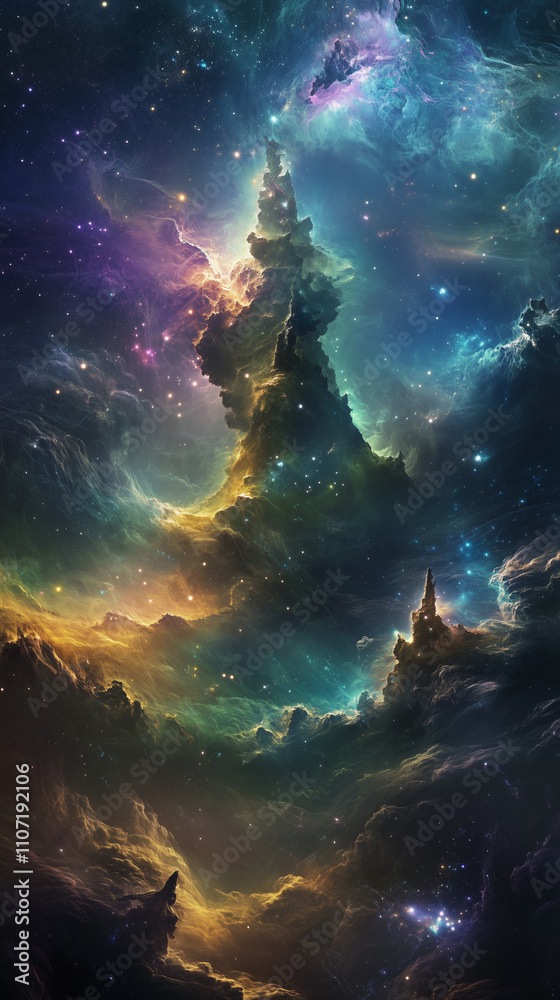 Fototapeta premium otherworldly, fantasy-inspired digital artwork depicting nebula clouds in space with the shape of magical tower in the center, featuring vibrant colors and ethereal lighting, cosmic backdrop