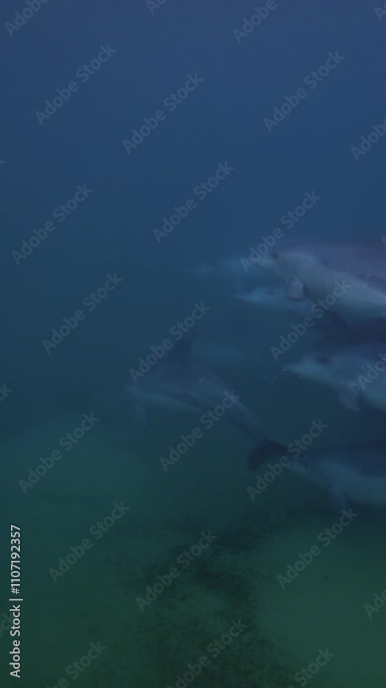 Large pod of Bottlenose Dolphins swims very deep in the blue green water in natural habitat. South Africa. Underwater world, wild life nature, marine aquatic mammal animals. Afalina dolphin in ocean Large pod of Bottlenose Dolphins swims very deep in the blue green water in natural habitat. South Africa. Underwater world, wild life nature, marine aquatic mammal animals. Afalina dolphin in ocean