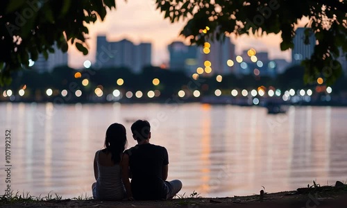 Romantic Cityscape Silhouette: A couple sits side-by-side, silhouetted against the backdrop of a stunning cityscape at twilight, enjoying a peaceful moment by the water's edge.