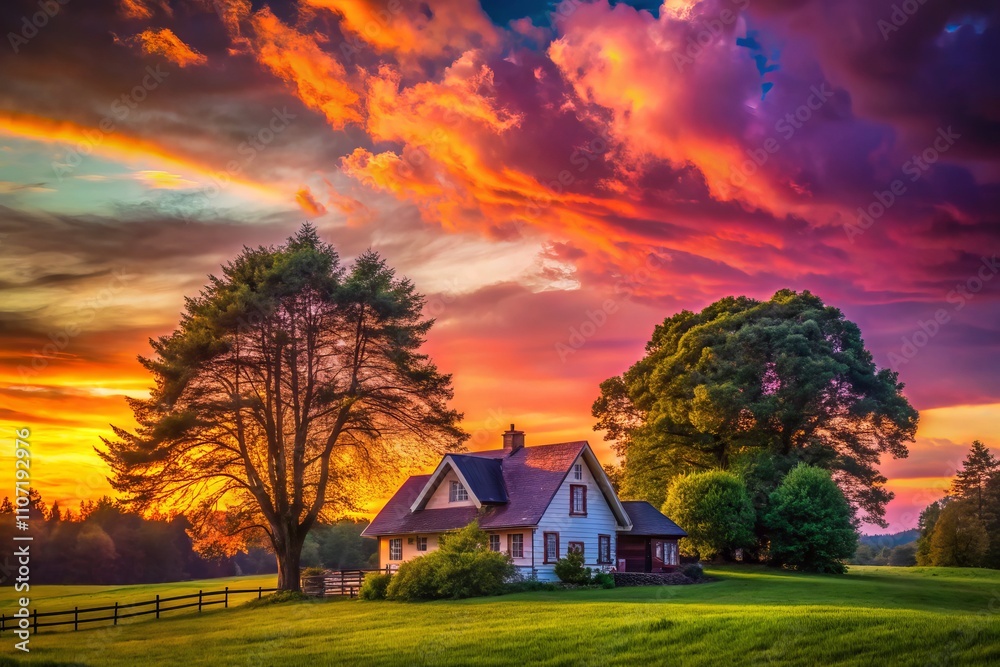 A Serene Sunset Over a Picturesque Rural Landscape Featuring a Charming House and Silhouetted Majestic Trees Against Vibrant Sky Colors for Stock Photography A Serene Sunset Over a Picturesque Rural Landscape Featuring a Charming House and Silhouetted Majestic Trees Against Vibrant Sky Colors for Stock Photography