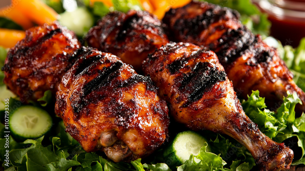 Juicy grilled chicken drumsticks with char marks on bed of fresh lettuce, garnished with cucumber slices and carrots, creating vibrant and appetizing presentation