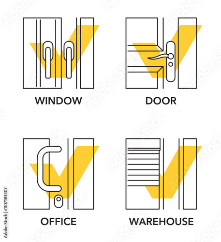 Door lock colorful icons in thin line - door, warehouse, office, window