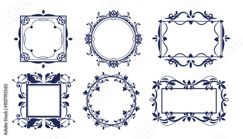 Set of linear frames. Geometrical shape border for picture. Ornamental decoration or blank perimeter, empty contour. Round and rectangle ornament element. Decorative boundary for image background