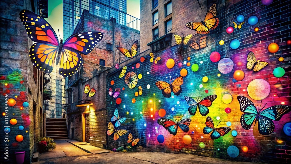 Fototapeta premium Urban Exploration Photography Featuring a Bright Pattern of Butterfly Silhouettes and Dots Against a Vibrant City Backdrop for Artistic and Creative Imagery