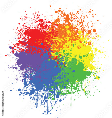 detailed grungy ink or paint splatter element multiple colors colorful rainbow vector isolated on transparent background
