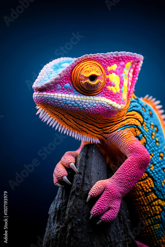 A colorful chameleon sitting on top of a tree stump photo