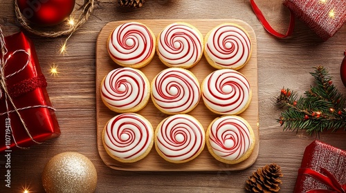 Top view of peppermint swirl cookies with red and white stripes arranged in a decorative pattern on a wooden table, surrounded by Christmas decor photo