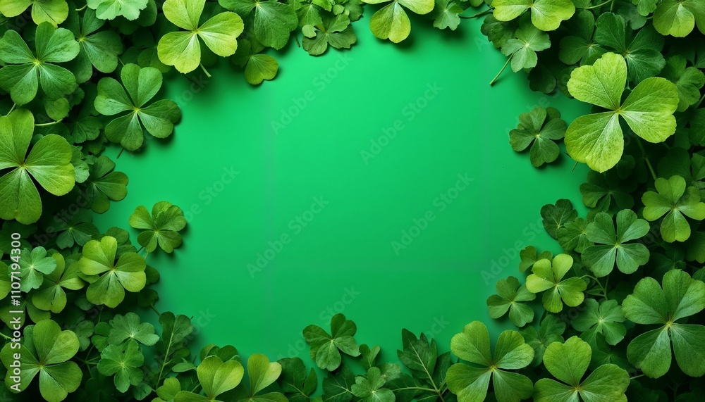 Fototapeta premium Lush green clovers and leaves forming a natural frame on a vibrant green background