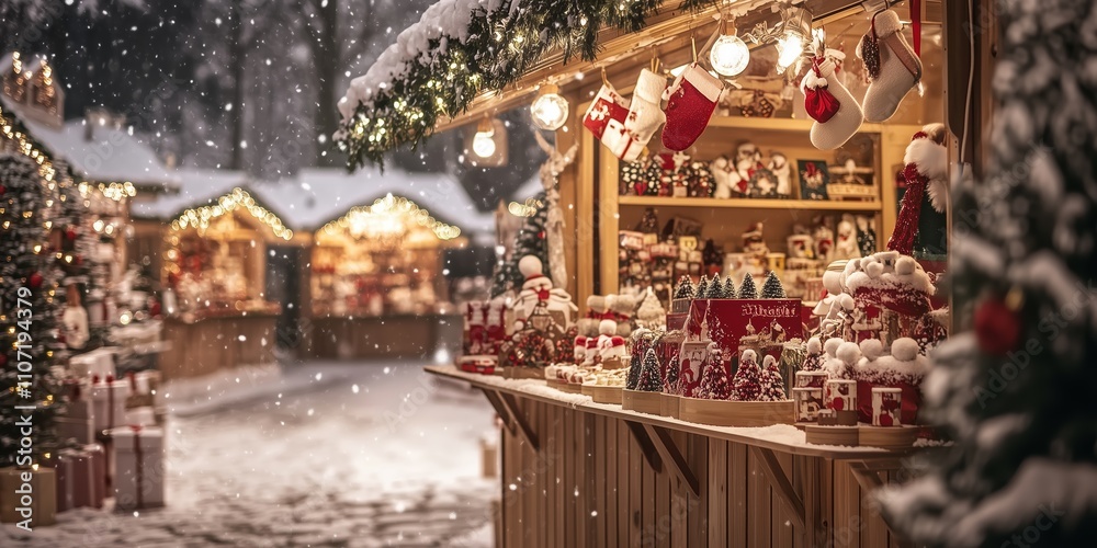 a romantically illuminated stall with arts and crafts at Christmas market in the evening in deep snow a romantically illuminated stall with arts and crafts at Christmas market in the evening in deep snow